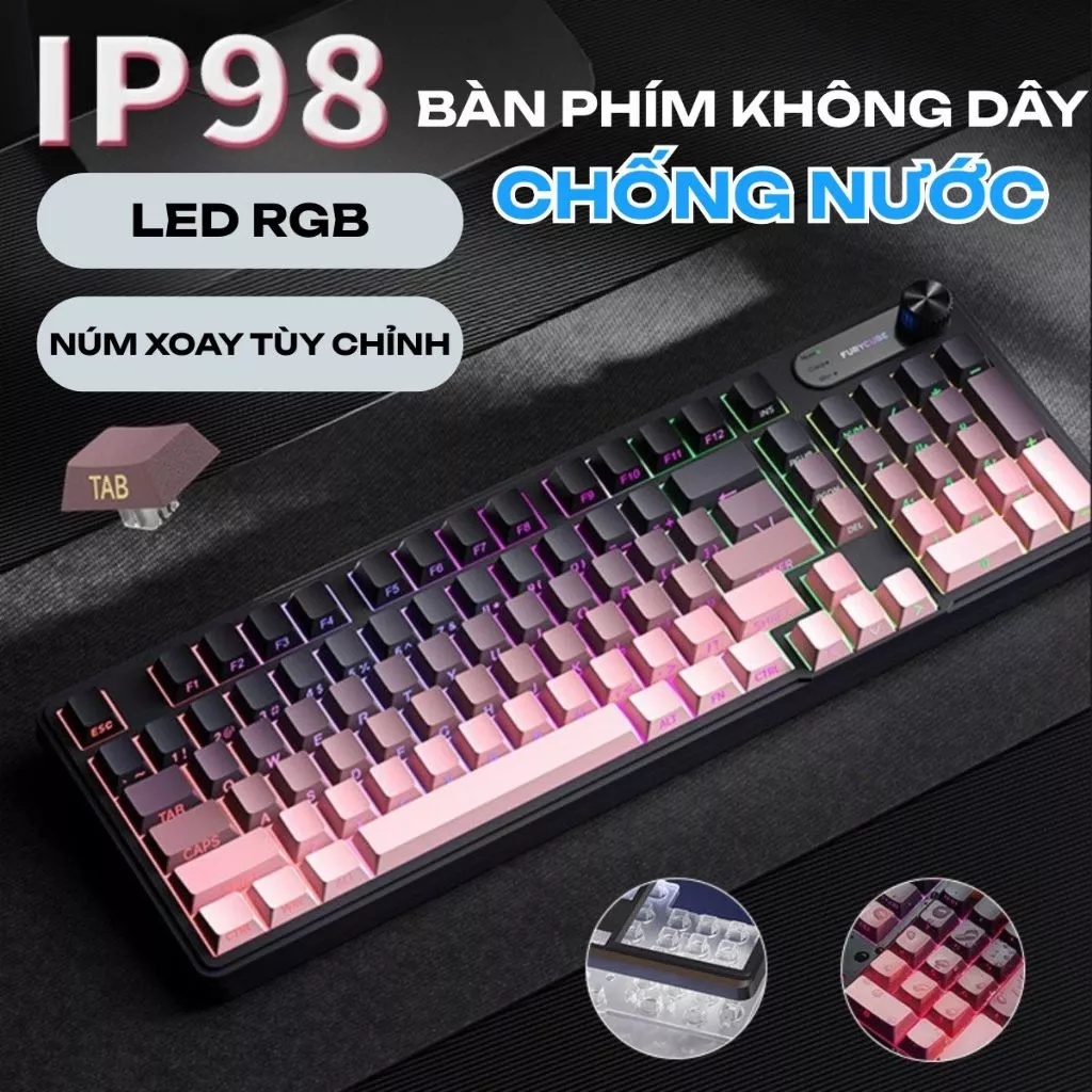 Bàn Phím Không Dây Bluetooth IP98 LED RGB có núm tùy chỉnh, Chống thấm nước, Phím PBT Cao Cấp, Gõ Êm Chống Ồn-BH12T