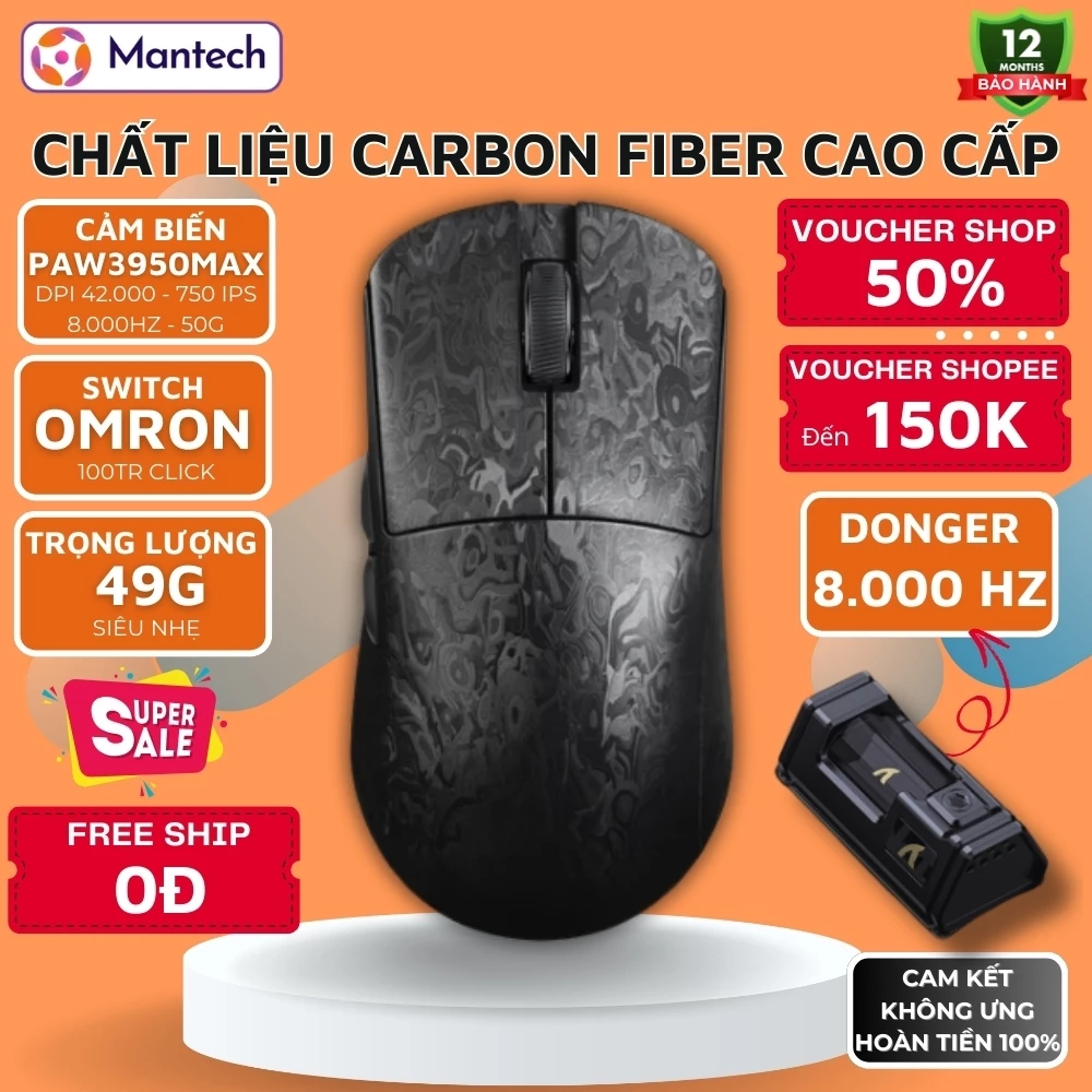 Chuột Gaming Không Dây Attack Shark R11 Ultra - 49g Siêu Nhẹ, DPI 42000, Polling 8K, Vỏ Carbon Fiber