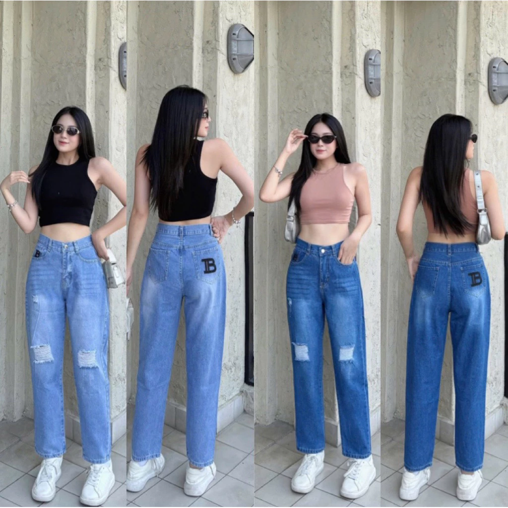 Quần baggy nữ không co giãn phối thêu cắt rách ở phía trước trẻ trung và năng động