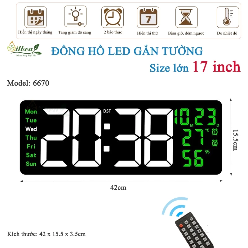 Đồng Hồ LED Treo Tường Gắn Tường Size Lớn 17inch Có Báo Thức, Đếm Ngược, Bấm Giờ