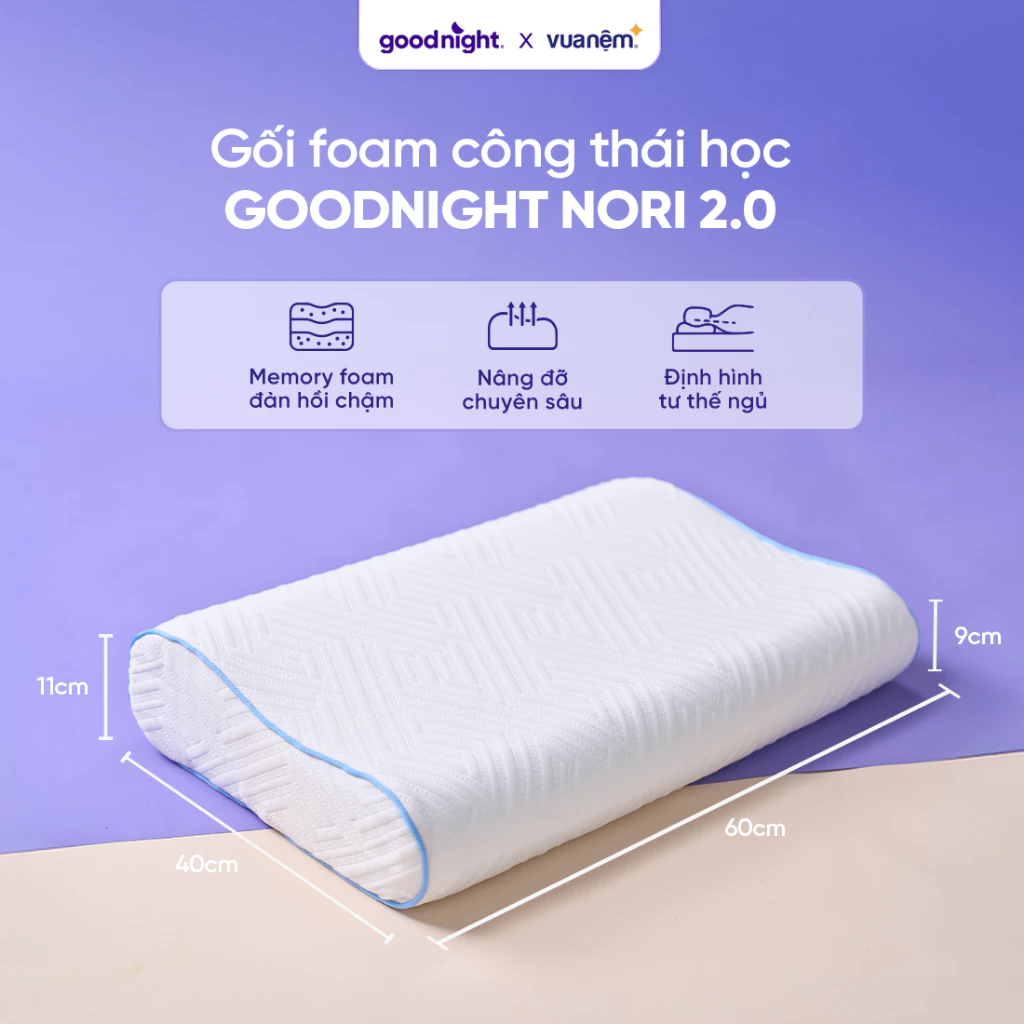 Gối Foam Goodnight Nori 2.0 40x60 cm mềm mịn, thông thoáng, lượn sóng nâng đỡ cổ vai gáy