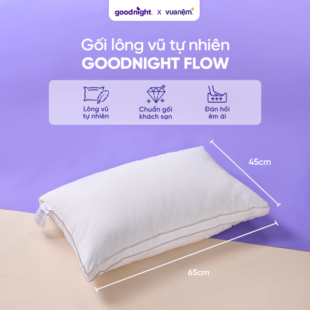 Gối lông vũ tự nhiên Goodnight Flow chuẩn khách sạn, đàn hồi êm ái, thoáng khí, ép cuộn gọn