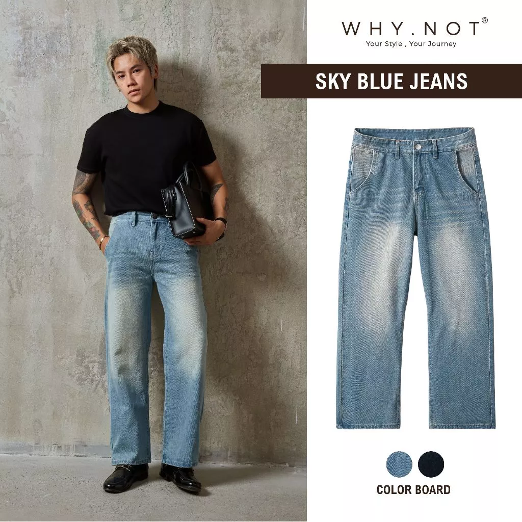 [CHẾ NGUYỄN QUỲNH CHÂU X WHY.NOT] Quần Jeans Nam Ống Suông WHY.NOT SKY BLUE - Quần Jean Nam Ống Rộng