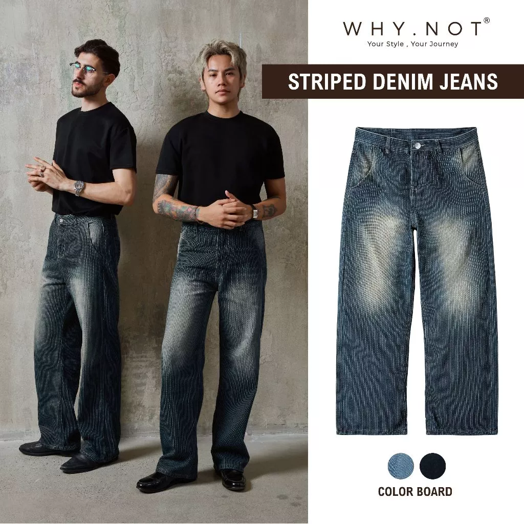 [WHY.NOT x SALIM] STRIPED DENIM Jean- Quần Jeans Nam Nữ Kẻ Sọc Túi Chéo Ống Suông Rộng Phủ Giày
