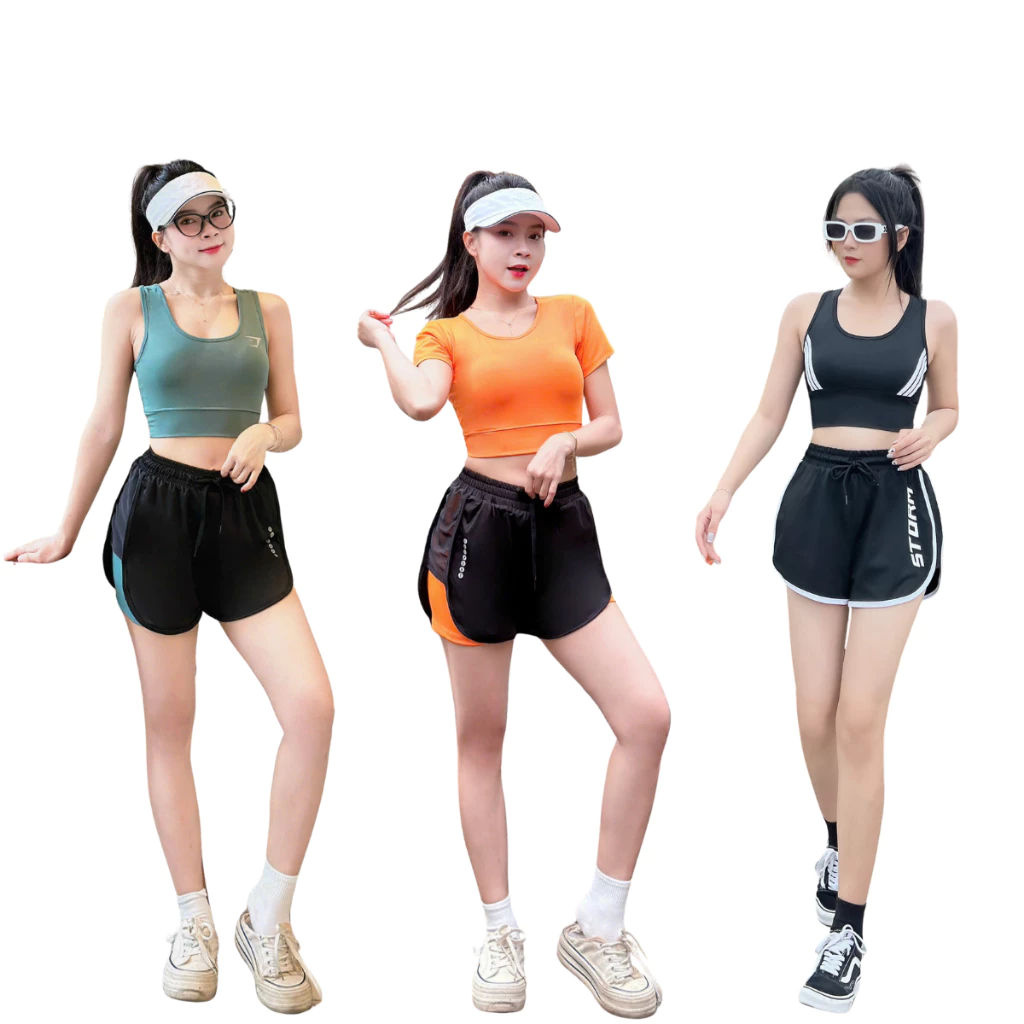 Đồ Tập Gym Nữ, Đồ Tập Yoga - Set Đùi 2 Lớp Và Áo Croptop/Bra Kèm Mút Chất Vải Thun Co Giãn (Ng04/Ng05/Ng13)