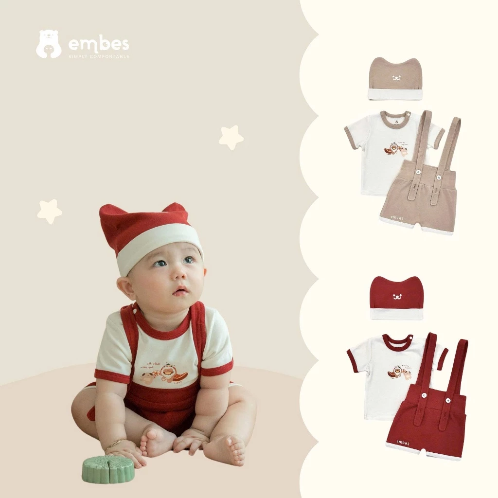 Bộ Yếm Sơ Sinh Embes, Bộ Cộc Tay Phối Quần Yếm In Họa Tiết Hình In Dễ Thương Cho Bé Từ 0-9 Tháng