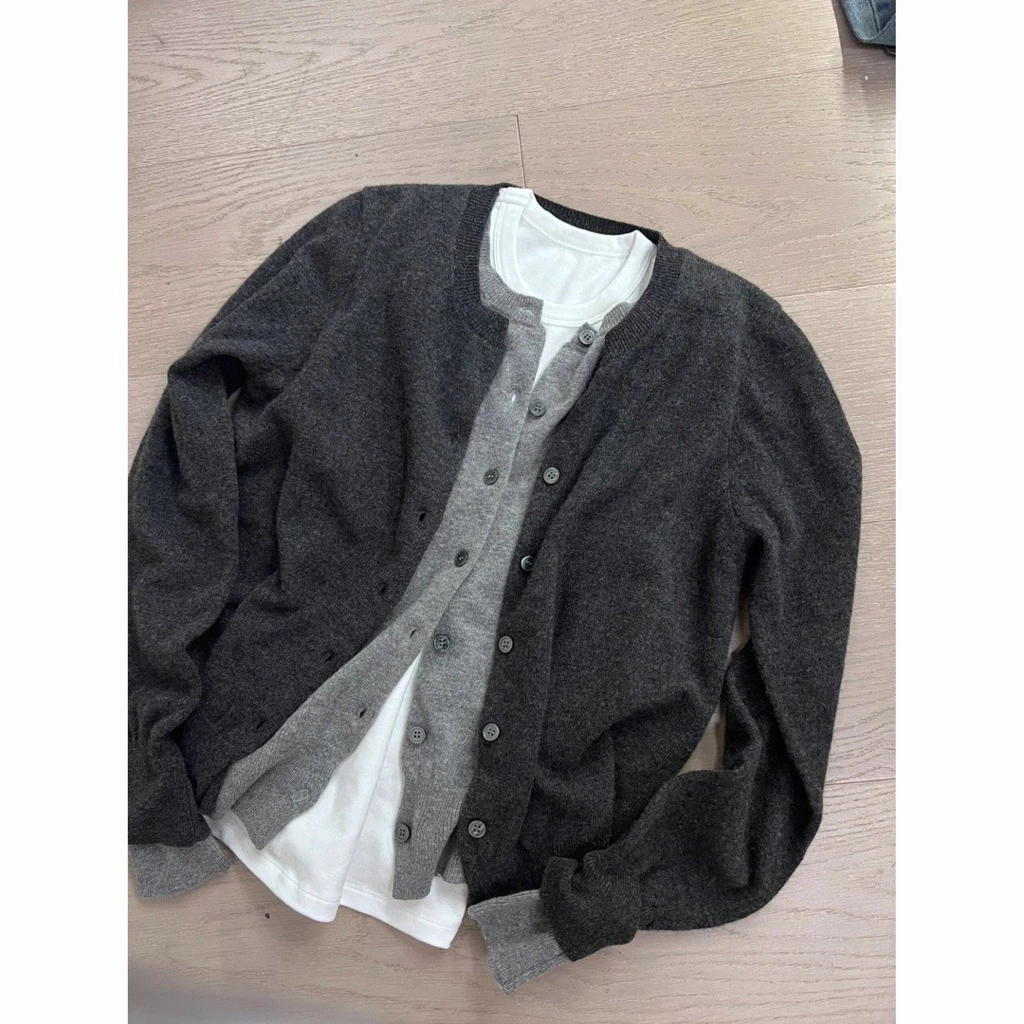 [539] Khoác cardigan len xám hai lớp cho nữ basic đơn giản dễ phối form dáng rộng thoải mái (may liền, ko kèm áo trắng)