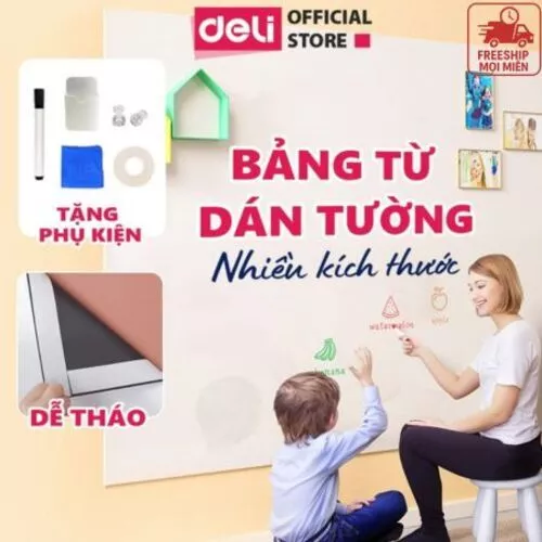 [Tặng KÈM PHỤ KIỆN] Bảng Từ Trắng Dán Tường Deli - Hút Nam Châm Viết Bút Lông Nhiều Kích Thước