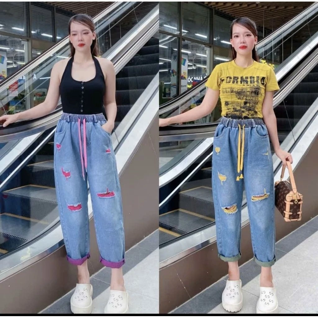 Quần Jean Dáng Baggy Thụng Họa Tiết Rách Tua Rua Hồng Vàng Trẻ Trung Năng Động, Vải Jean Thổ Dày Dặn Mềm Mịn