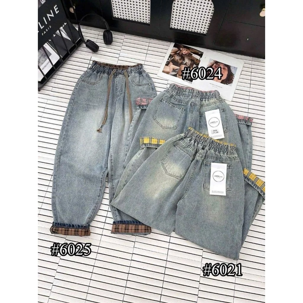 Quần Jean Nữ Phối Cạp Gấu Kẻ Dáng Baggy Thụng, Cạp Chun Lưng Cao, Trẻ Trung Năng Động, Vải Jean Thổ Dày Dặn Mềm Mịn
