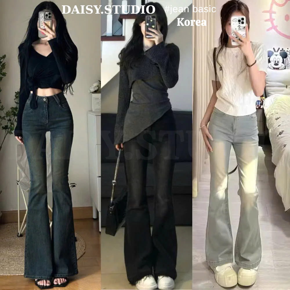 Quân bò jean nữ ống loe MIAA Cạp Cao Đứng Co Giãn 4 chiều Màu RETRO, quần jean bò loe đen dài nữ cạp cao cực tôn dáng