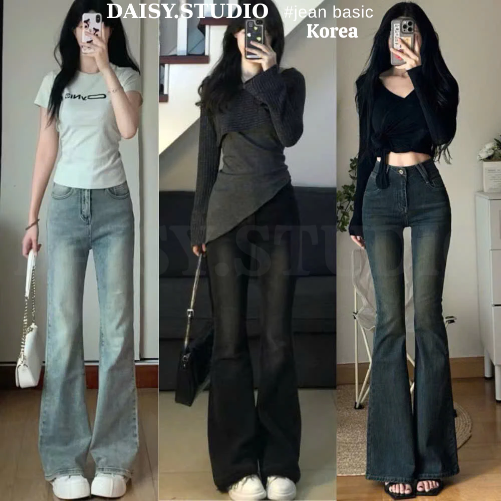 Quân bò jean nữ ống loe MIAA Cạp Cao Đứng Co Giãn 4 chiều Màu RETRO, quần jean bò loe đen dài nữ cạp cao cực tôn dáng