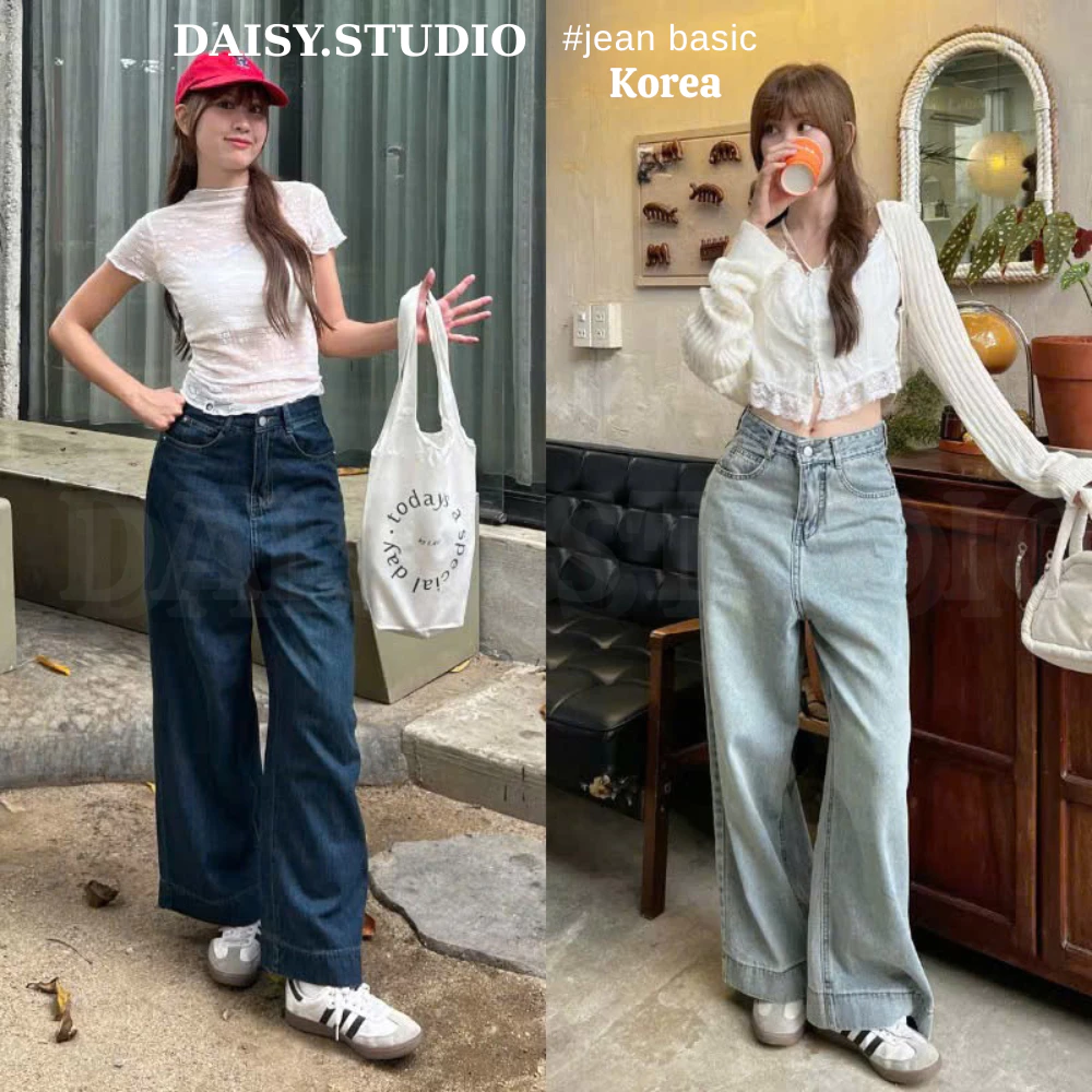 Quần jeans bò ống rộng Meisy vải denim màu xanh đậm màu xanh nhạt chất jeans mềm mặc mùa hè mát không co giãn Meisy