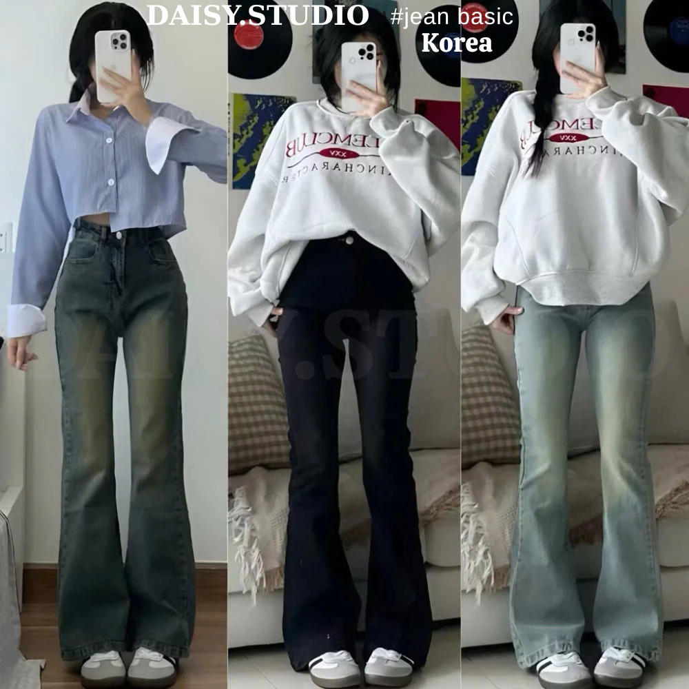 Quân bò jean nữ ống loe DAISY Cạp Cao Đứng Co Giãn 4 chiều Màu RETRO, quần jean bò loe đen dài nữ cạp cao cực tôn dáng