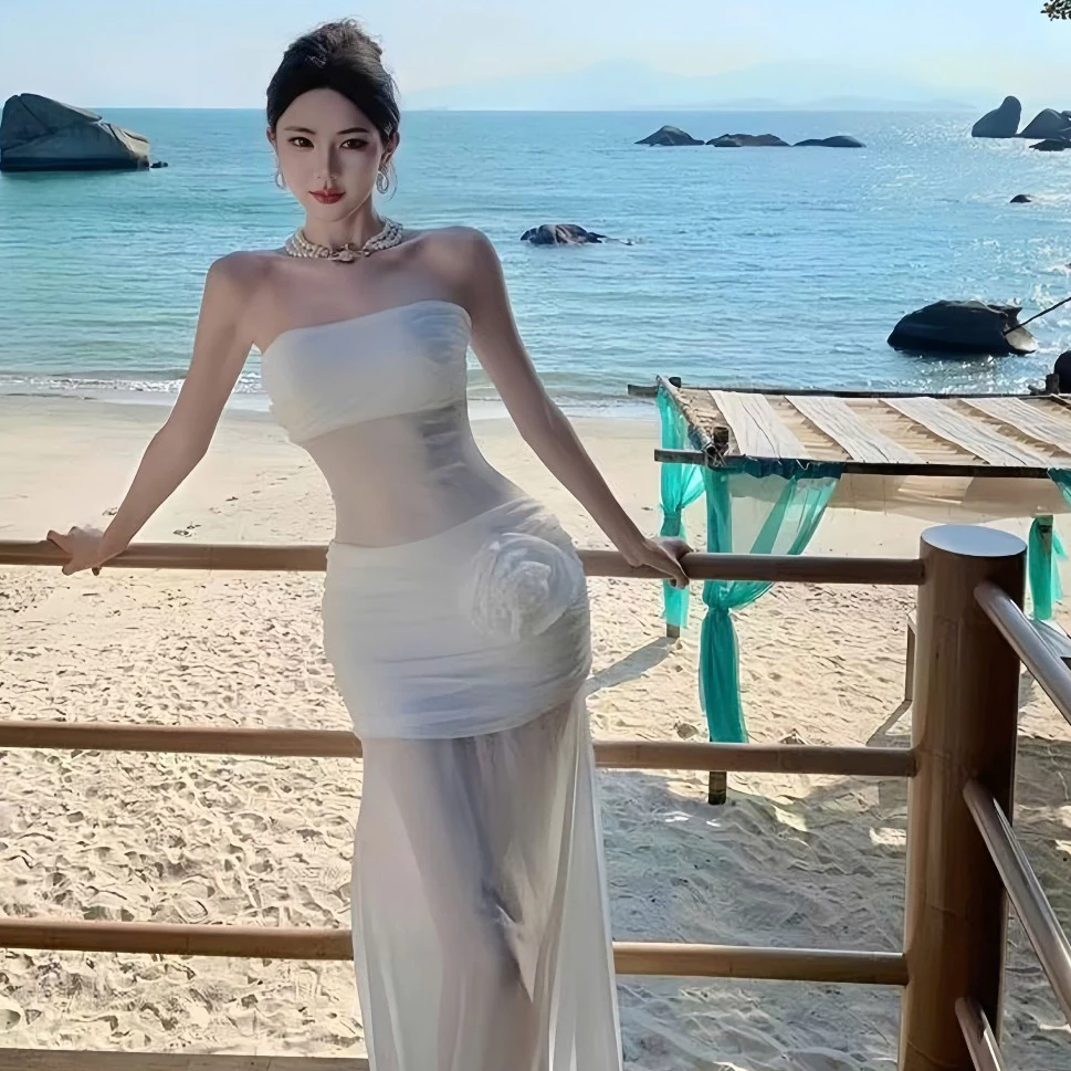 (GIAO TRƯỚC TẾT) Đầm Maxi dáng dài Váy nữ đi biển Ôm body cúp ngực Đính bông hoa xòe sang chảnh Hở Lưng S14