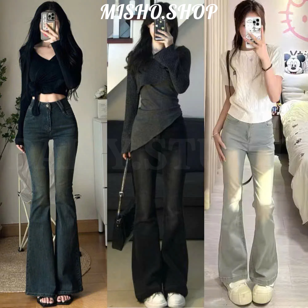 Quân bò jean nữ ống loe MIAA Cạp Cao Đứng Co Giãn 4 chiều Màu RETRO, quần jean bò loe đen dài nữ cạp cao cực tôn dáng