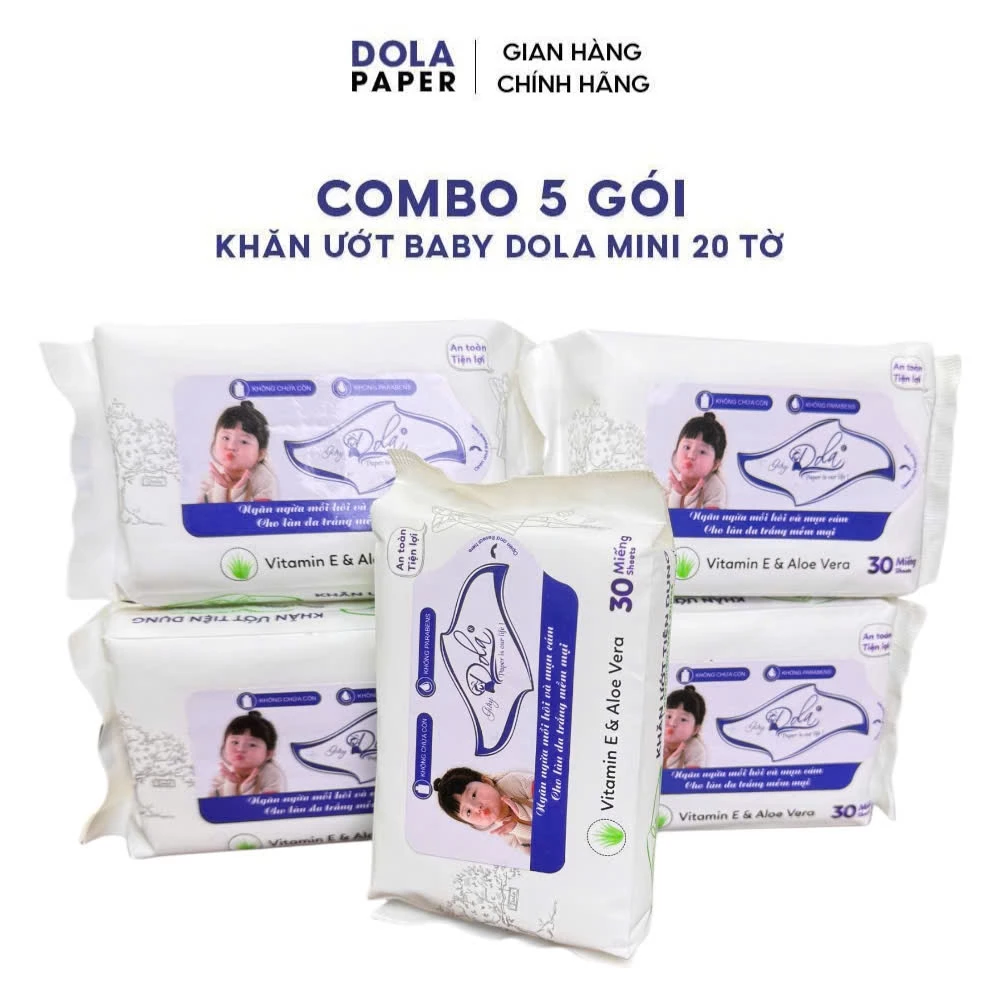 Combo 5 gói - Khăn ướt mini 20 tờ Dola - không cồn không parabens không kích ứng an toàn dịu nhẹ cho mọi loại da