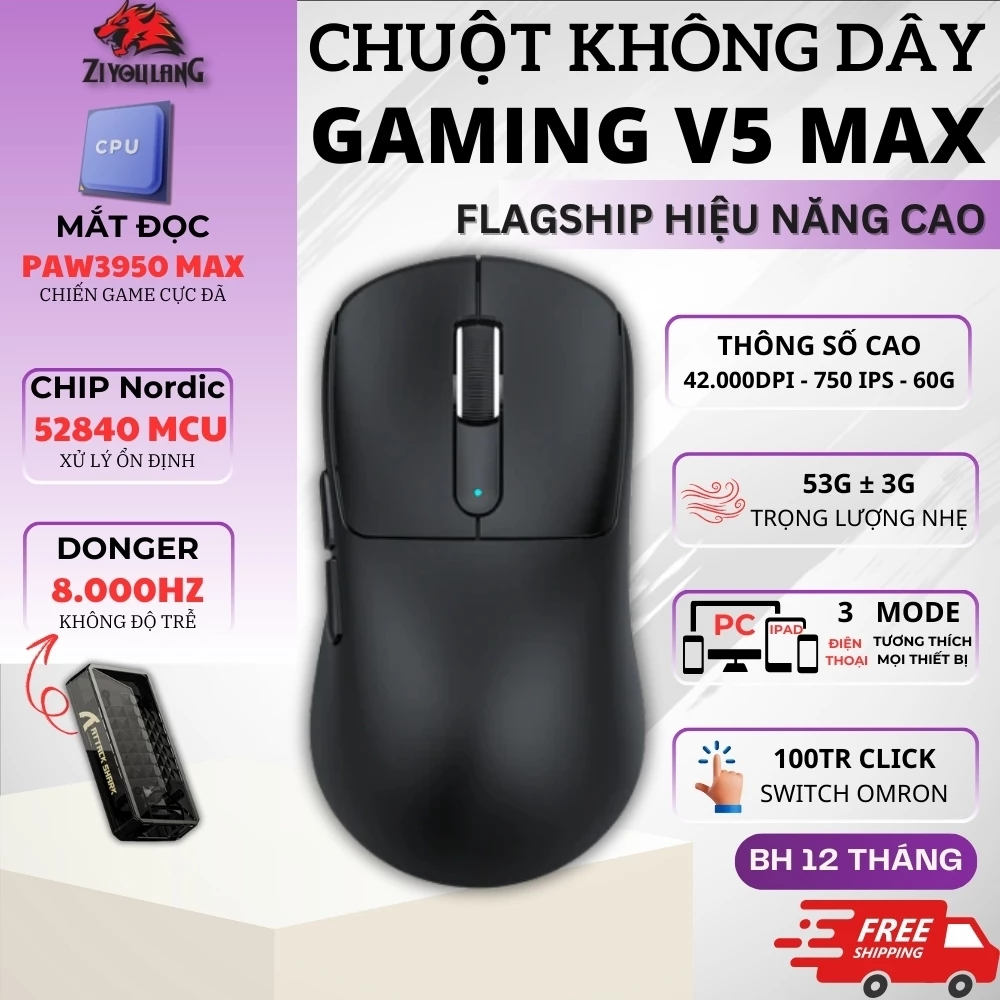 Chuột Gaming Attack Shark V5MAX Wireless 8.000Hz - PAW3950MAX Sensor, Feet Siêu Mượt, App Tùy Chỉnh