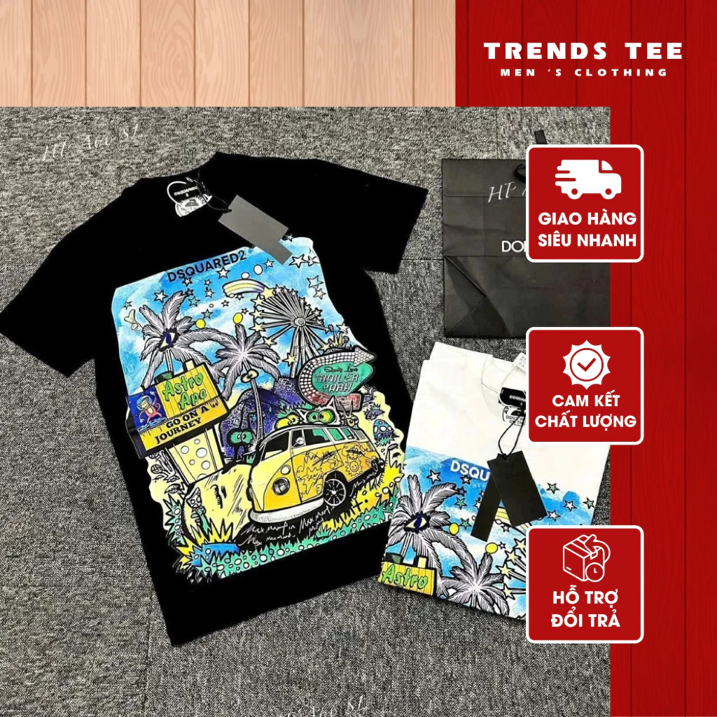 Áo Thun Nam Nữ Cotton 100% Cao Cấp 250Gsm In Hình DSQ Cây Dừa Form Dày Dặn Co Giãn 2 Chiều