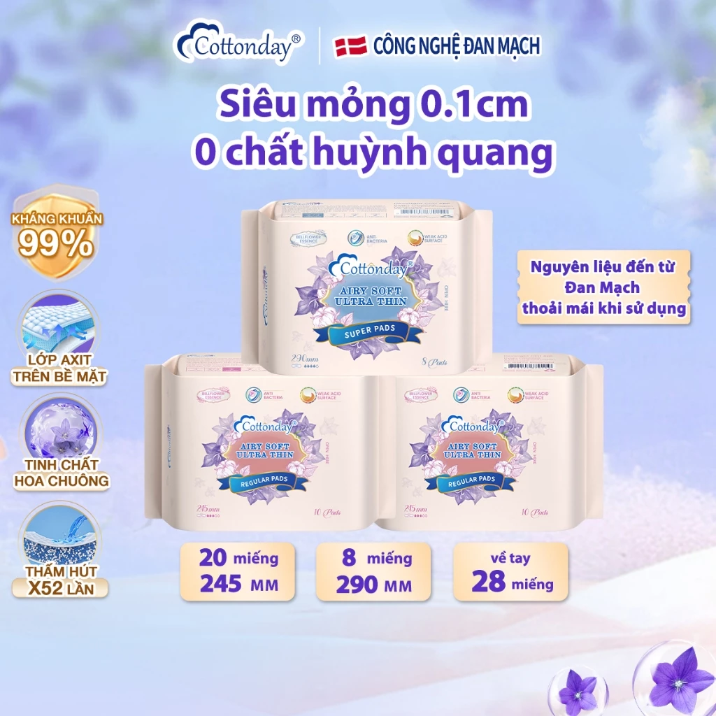 (Bán chạy nhất) Combo băng vệ sinh ban ngày Cottonday 245mm 2 bịch và  băng vệ sinh ban đêm 290mm 1 bịch
