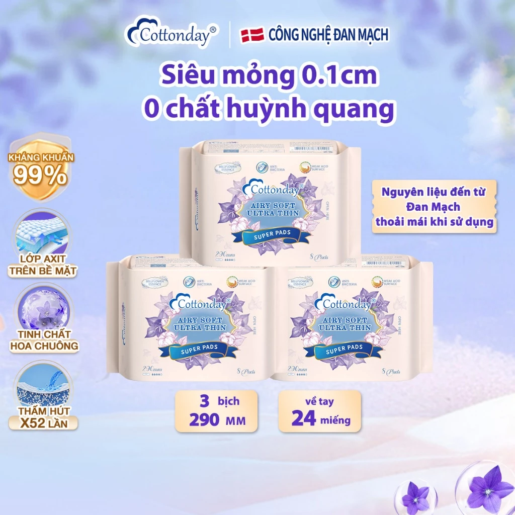 (Về tay 24 miếng) Băng vệ sinh ban đêm Cottonday 290mm 3bịch mỏng nhẹ  thoáng khí chiết xuất  hoa chuông đến từ Đan Mạch