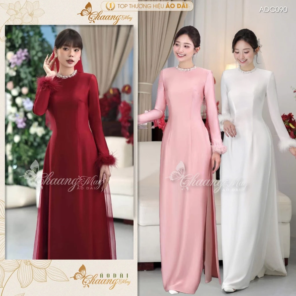 Áo dài cưới cô dâu lụa 4 tà truyền thống ADC090 thiết kế đính ngọc cổ tay lông vũ dự sự kiện cao cấp