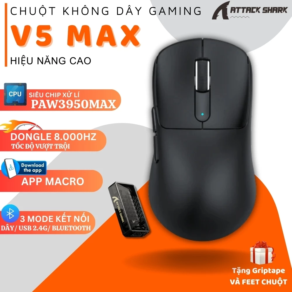 Attack Shark V5MAX Ultra-Light 53g Chuột Gaming Không Dây - 42000 DPI, PAW3950MAX, Polling 8K