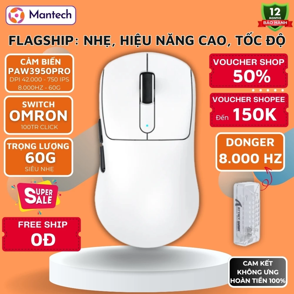 Chuột Gaming Không Dây Attack Shark V5Max- 53g Siêu Nhẹ, DPI 42000, Pin 500mAh, Polling 8.000Hz