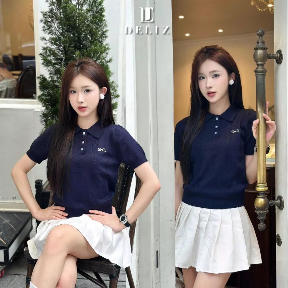 [DELIZ] - Áo len polo nữ cổ bẻ phối cúc thêu nơ ngắn tay form vừa freesize hàng thiết kế PL11
