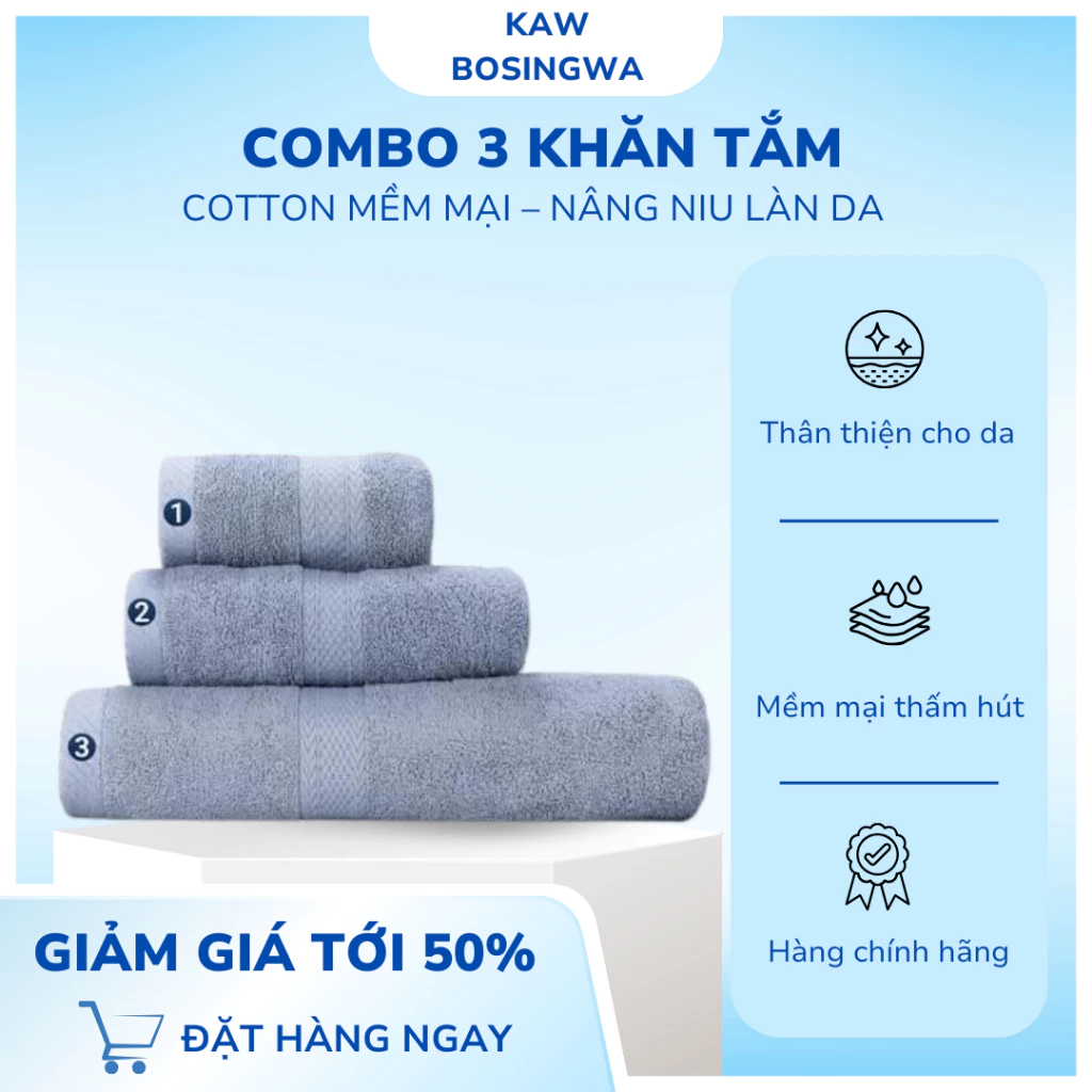 Combo 3 khăn tắm 100% cotton siêu to bao gồm khăn mặt, khăn tắm, khăn thấm cỡ lớn -  22,24,26