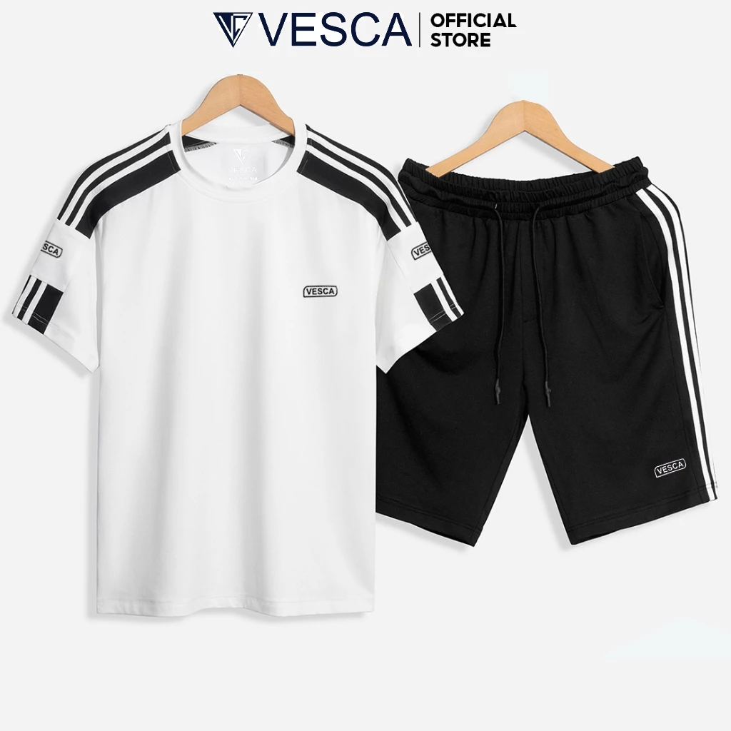 Bộ Đồ Nam Cổ Tròn Cộc Tay Phối Kẻ Viền Tay, Đồ Thể Thao Nam Form Dáng Basic Vesca J29
