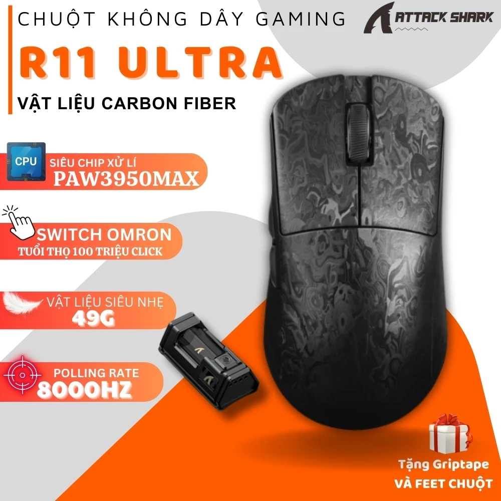 Attack Shark R11 Ultra Carbon Fiber 49g Chuột Gaming Không Dây - 42000 DPI, PAW3950MAX, 8KHz Polling