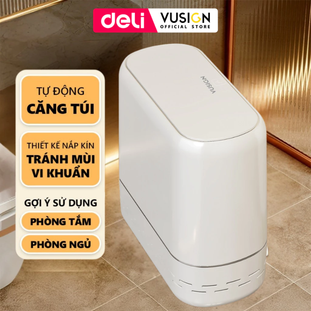 Thùng rác nhà tắm phòng ngủ ngăn mùi chống nước hiệu quả 12L/15L DELIxVUSIGN tự động căng túi rác nắp kín khoá mùi
