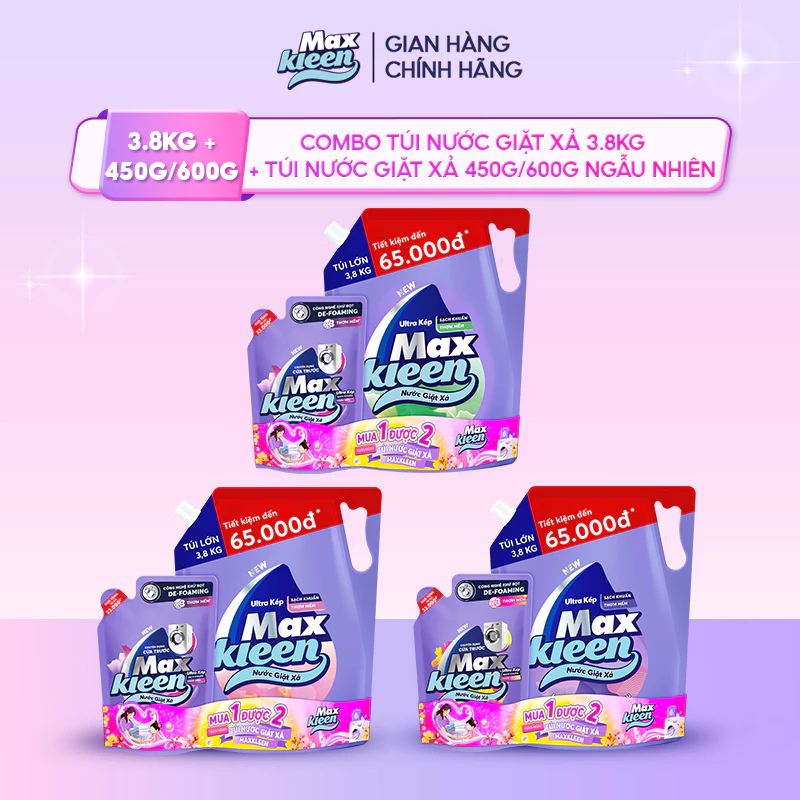 Combo Túi Nước Giặt Xả MaxKleen 3.8kg + Túi Nước Giặt Xả 600g/450g Mùi ngẫu nhiên