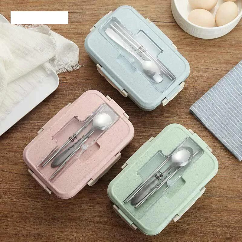 HỘP CƠM LÚA MẠCH 3 NGĂN KÈM ĐŨA THÌA INOX CAO CẤP KHÔNG ĐỘC HẠI SỨC KHỎE