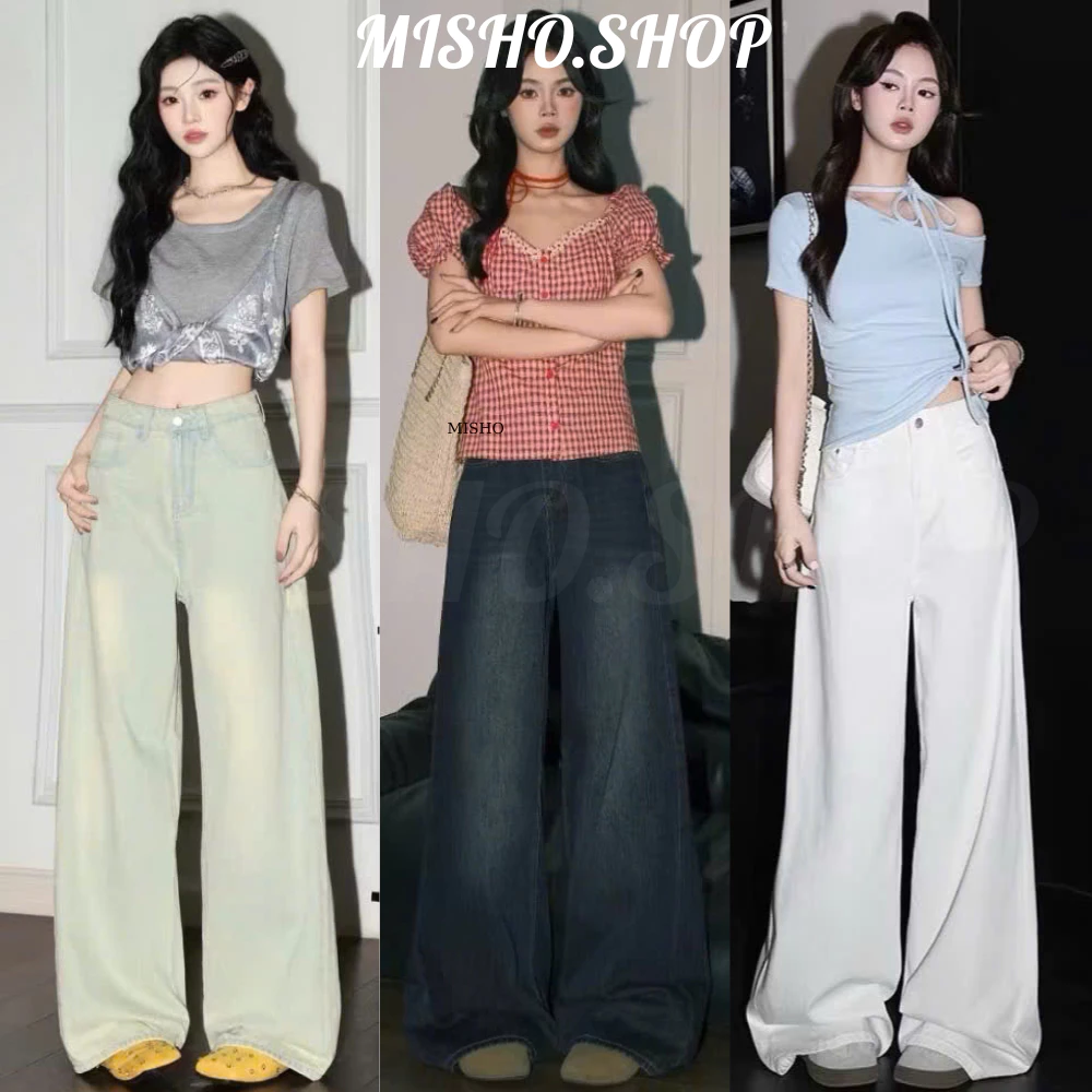 Quần Jeans Bò Wash MISHO Ống Rộng Suông Cạp Cao Tôn Dáng Nữ Unisex , Quần Bò Ống Rộng Nữ Lưng Cao Đủ Size Màu RETRO