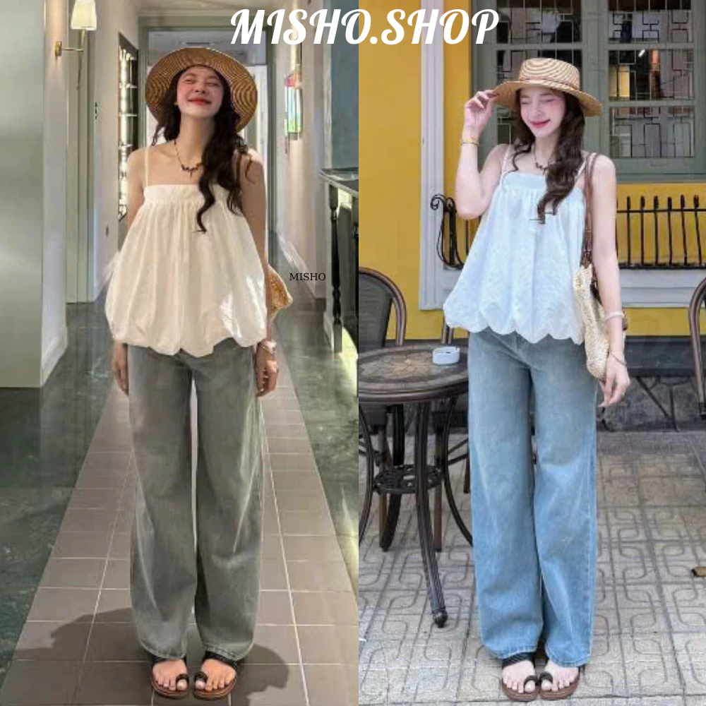 - Quần jeans Wash cạp cao ống suông rộng thời trang nam nữ