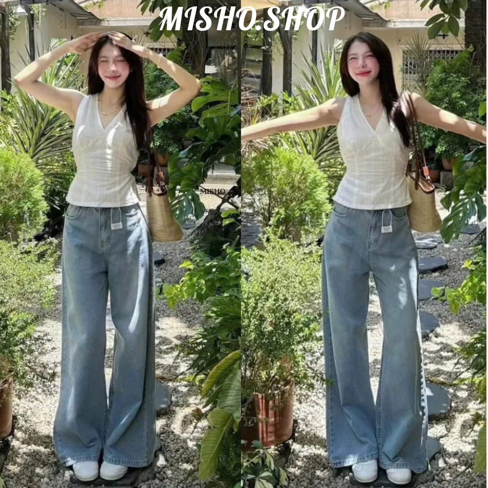 Quần jeans ống rộng suông Unisex MIAA Cạp Cao Tôn Dáng, Quần Jean Nữ Ống Rộng phong cách Retro Cá Tính Âu Mỹ