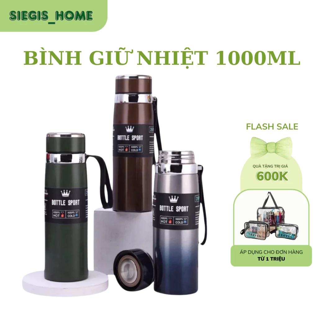 Bình nước giữ nhiệt 1000ml ruột inox 304 cao cấp có lưới lọc trà và dây treo
