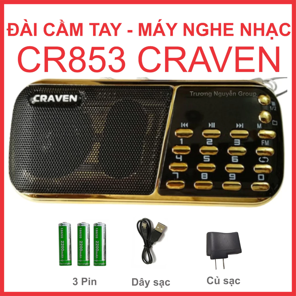 Đài Cầm Tay - Máy Nghe Nhạc Thẻ Nhớ Usb - Fm - Radio - Kiêm đèn Pin led siêu sáng - Loa Craven Cr 853 - 3 Pin sạc