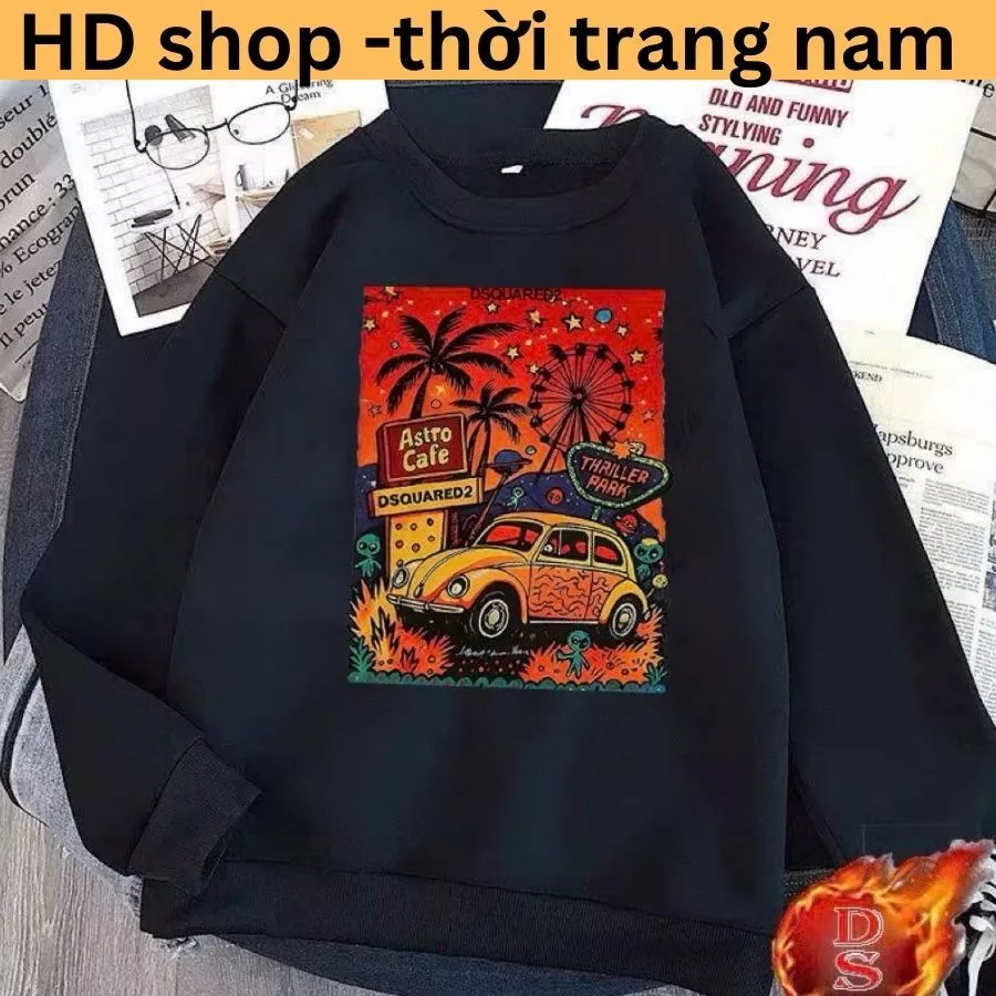 Áo Sweater dsq cây dừa oto đỏ Áo Sweater Nam Nữ Form Rộng Chất Cotton Nỉ Ngoại Hàng Cao Cấp Cổ Tròn Dài Tay Local Brand