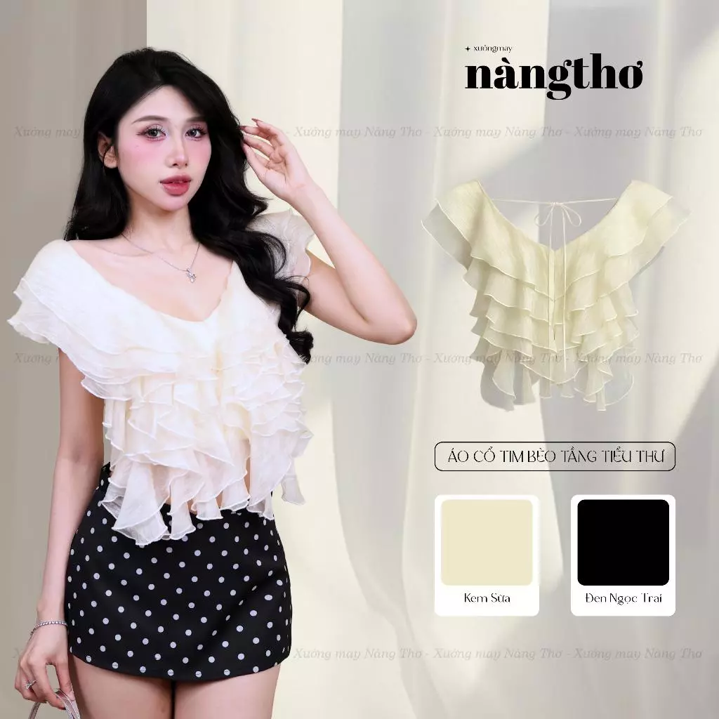 1110 [XẢ KHO CUỐI NĂM] Áo Kiểu Nữ Cổ Tim Bèo Tua Rua Nhiều Tầng Lót Thun Mịn Voan Tơ