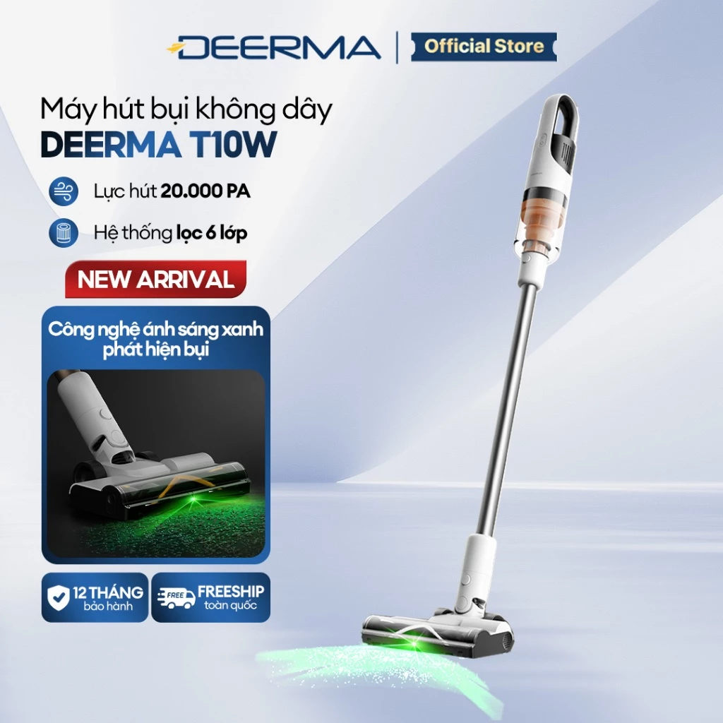 Máy hút bụi không dây Deerma T10W với lực hút mạnh 20.000pa kèm ánh sáng xanh thông minh - Bảo hành 12 tháng