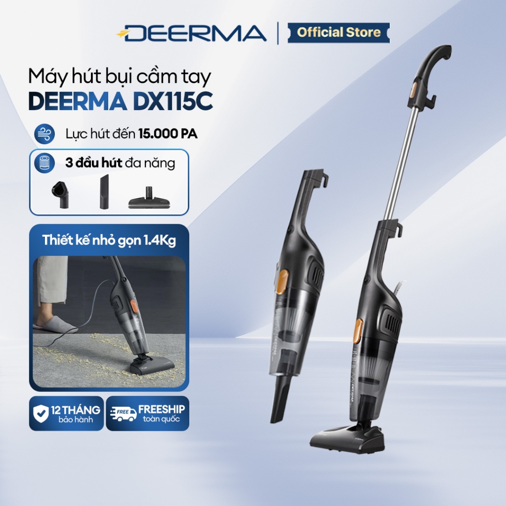 Máy hút bụi cầm tay Deerma DX115C lực hút 15000Pa công suất 600W kèm 3 đầu hút…