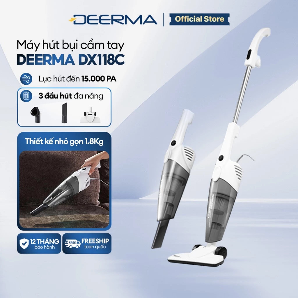 Máy hút bụi cầm tay Deerma DX118C màu xám 3in1 đa năng lực hút 15000Pa quốc tế - Bảo hành 12 tháng