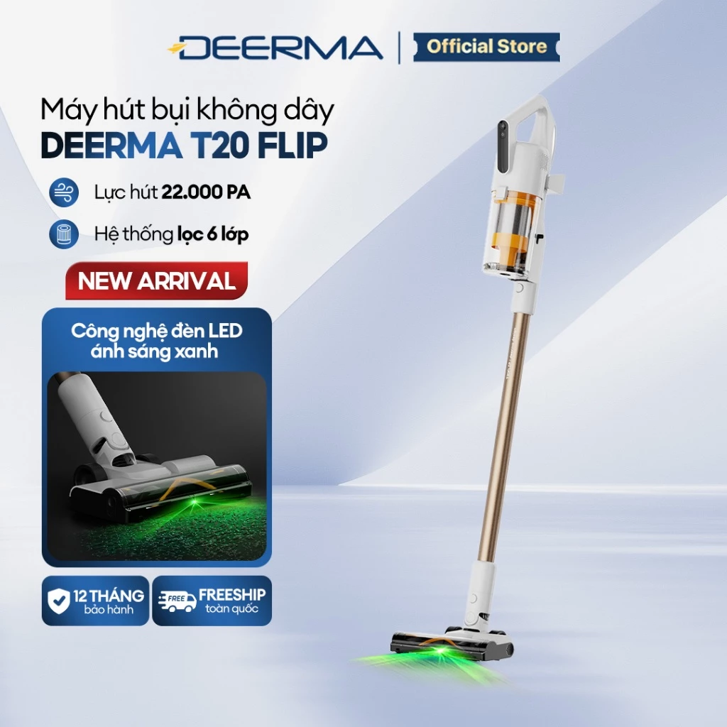 Máy hút bụi không dây Deerma T20 FLIP với lực hút mạnh 21.000pa kèm đèn LED ánh sáng xanh thông minh - Bảo hành 12 tháng