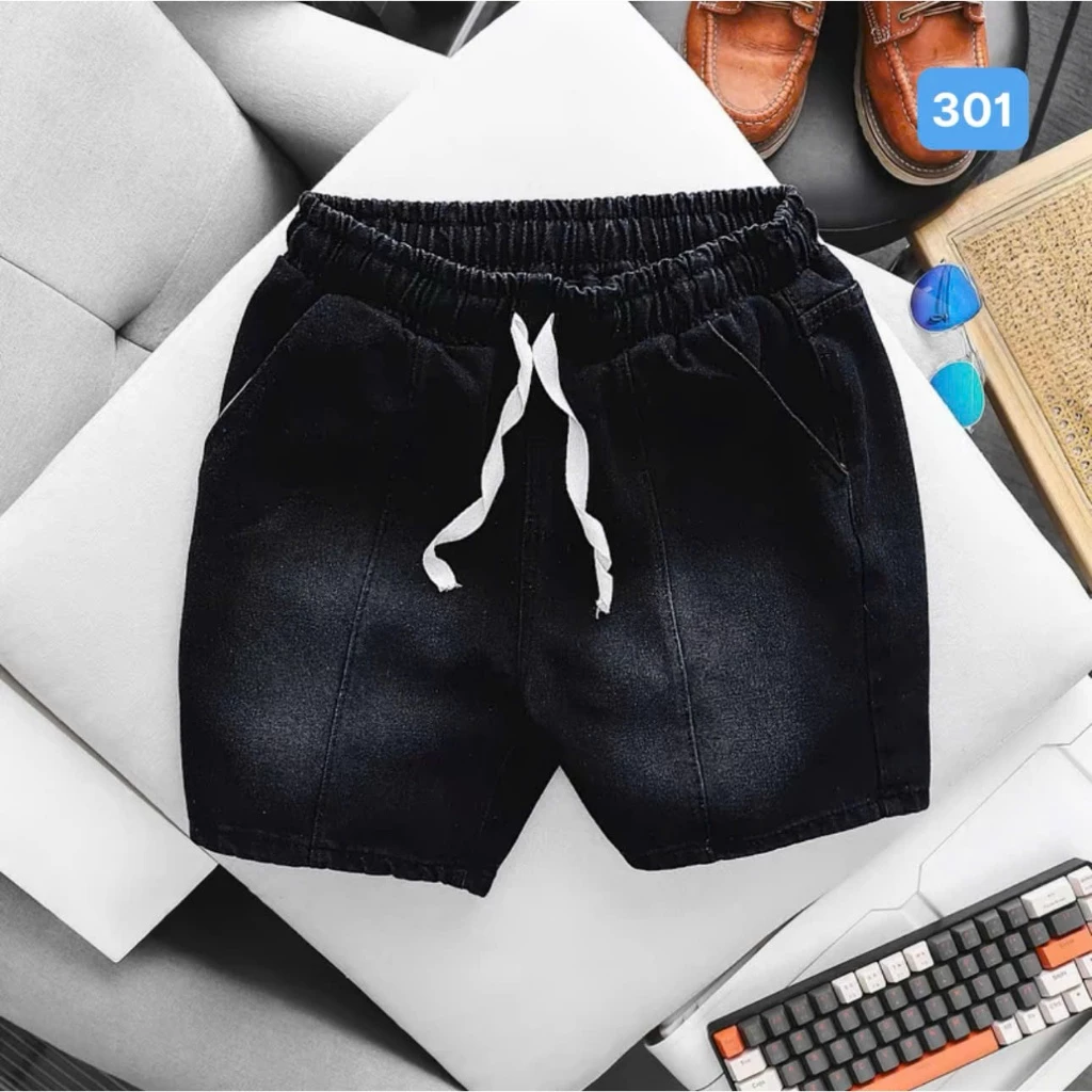 Quần short jean nam SJN302 trên gối màu đen trơn lưng thun chất liệu Denim co dãn tốt form chuẩn skinny size M L XL XXL