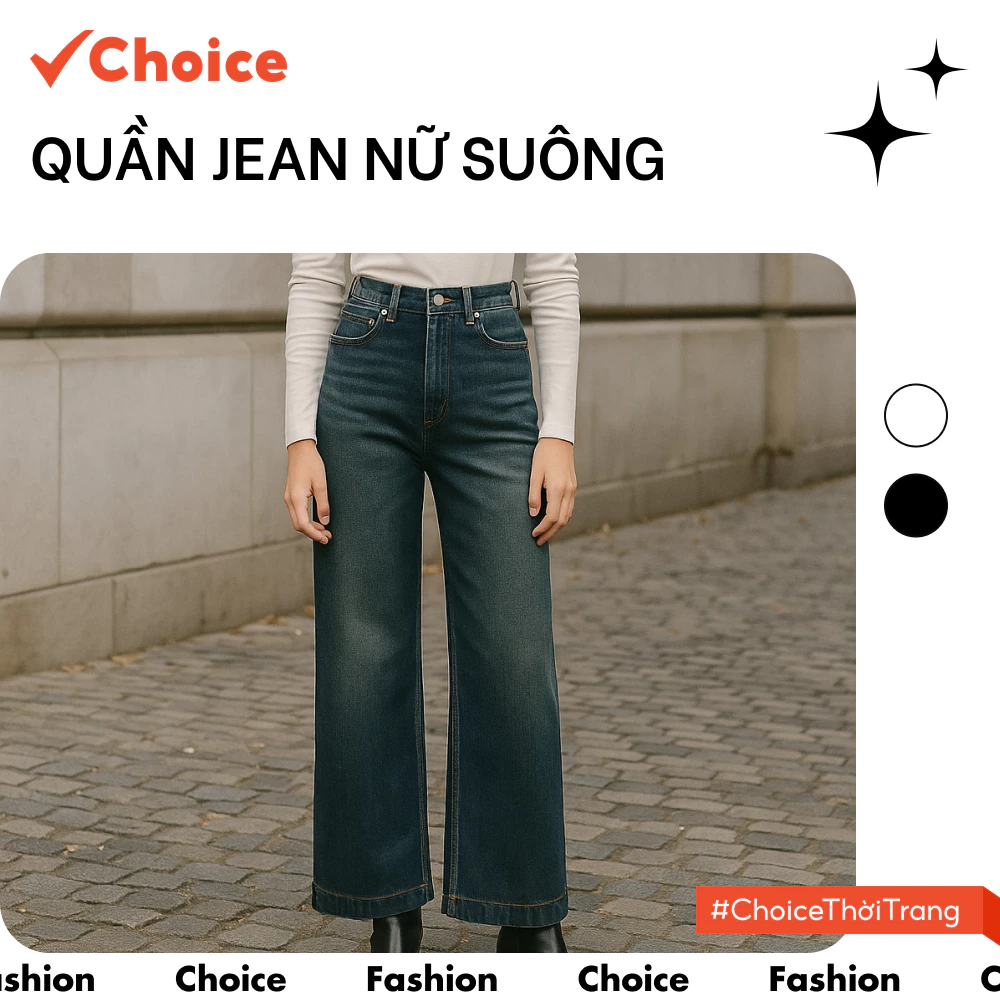 [Choice] Quần Jean Nữ Suông Nấm Thêu FA1-2080-20 - Ống 25cm, Không Giãn/Phai Màu, Lưng Cao