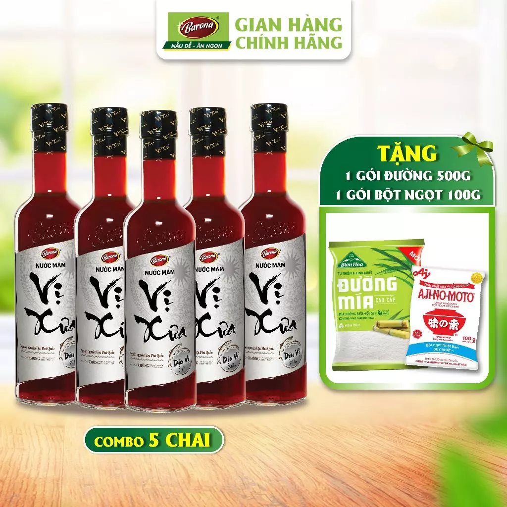 5 chai Nước Mắm Vị Xưa Barona 20 độ 500ml/ chai tặng thêm 1 gói đường 500gr và 1 gói Bột ngọt 100gr