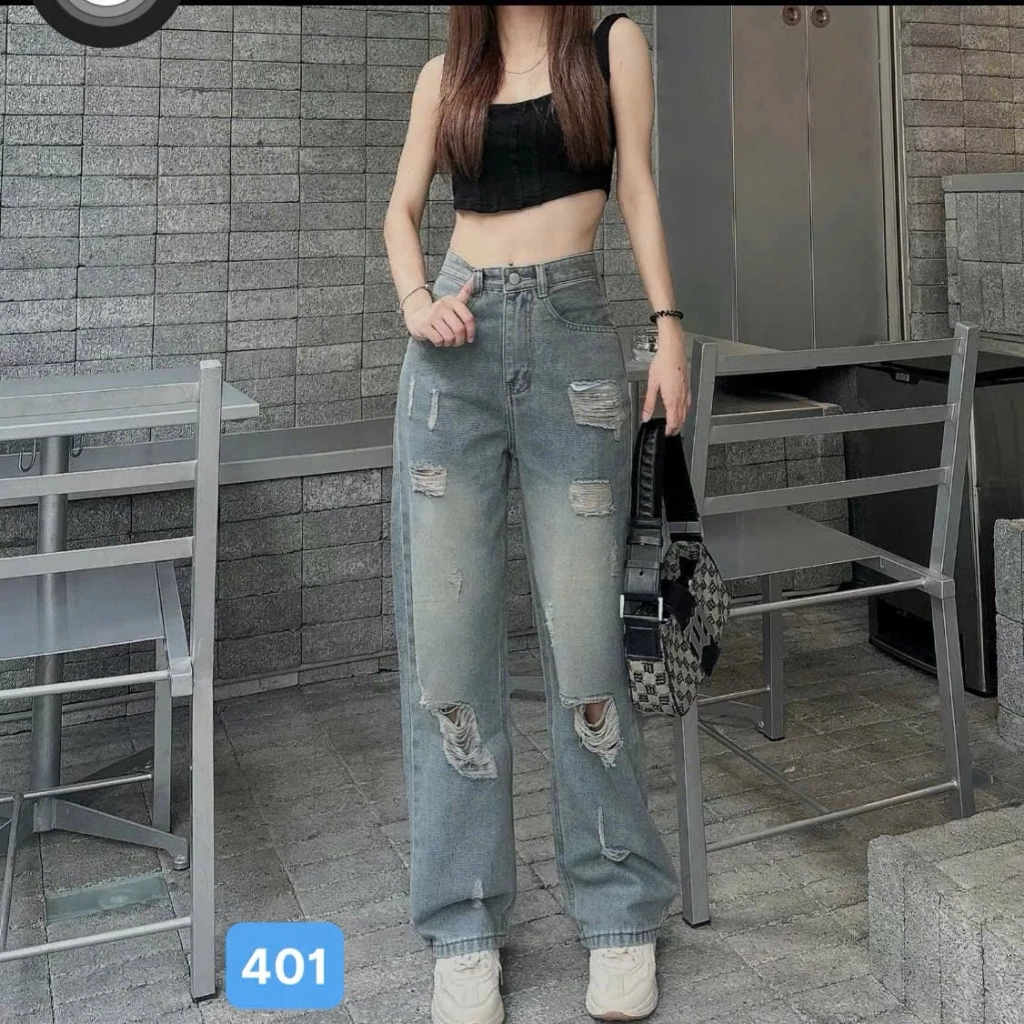Quần jean baggy nữ suông màu xanh nhạt rách phong cách Ulzzang - Quần rin nữ ống rộng OBOKFASHION QBG401